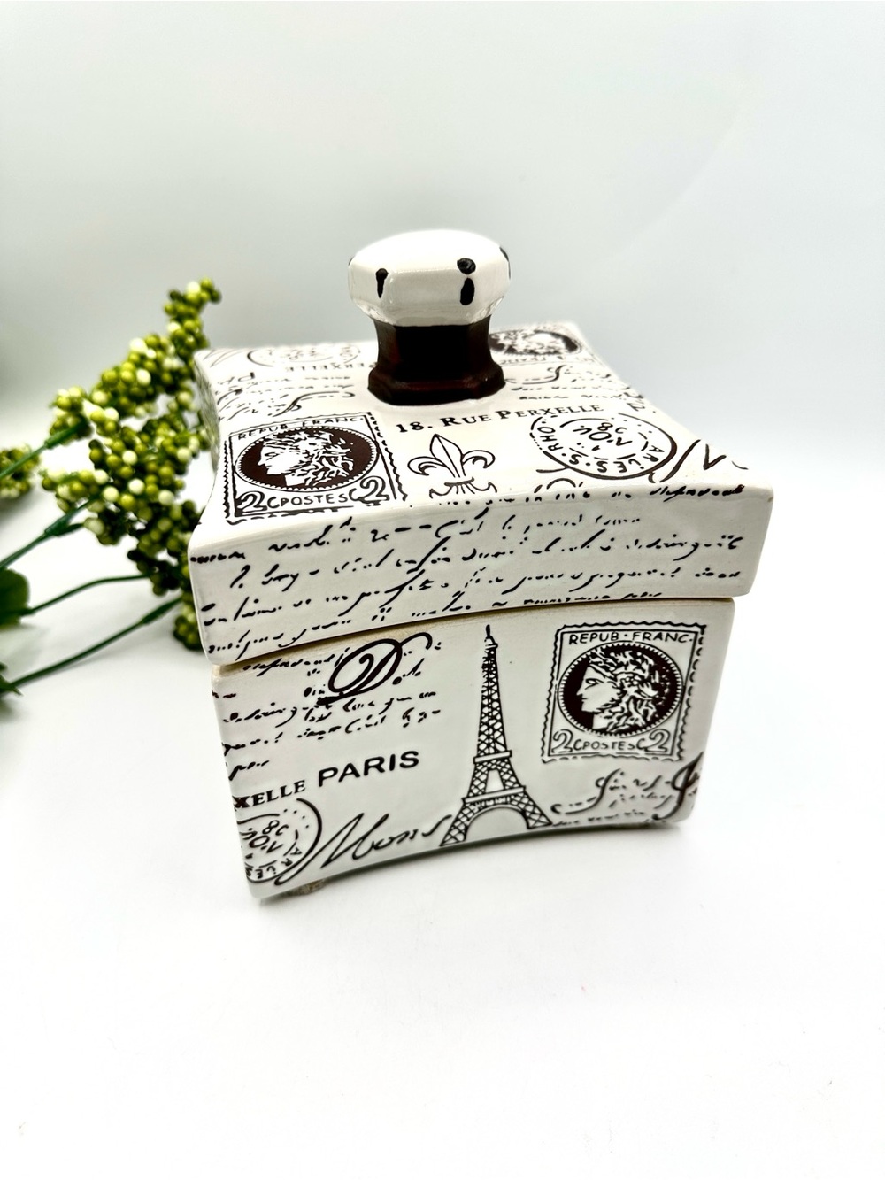 Ceramic Square Box with Lid. White with brown Parisian accents. Vtg Hobby lobby.